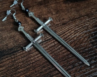 Gothic antique silver sword and glass crystal earrings
