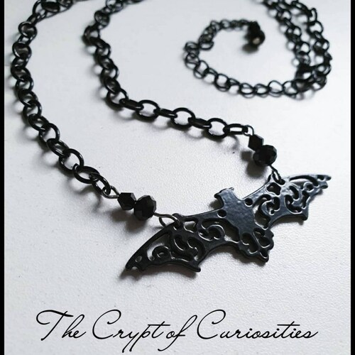 TO CLEAR- Gothic black filigree black crystal bat necklace.