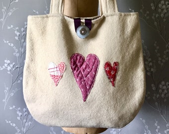 Large shoulder "Scoop" bag handmade from vintage wool blanket and wool tweed fabric. Embellished with appliqué hearts & a button fastener.