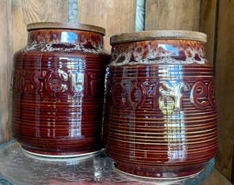 Vintage Kernewek Pottery (Cornwall, UK) storage jars - Biscuits & Coffee. Sold separately. Made in the 1970s. Lovely honeycombe glaze.