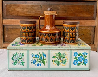 Hornsea Pottery ‘Heirloom’ autumn brown collection. Various storage jars, spice jars, butter dish, vinegar pourer. All in great condition!