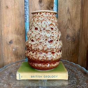 Może przedstawiać: Brązowy i biały ceramiczny wazon o fakturowanej, pęcherzykowej powierzchni. Wazon stoi na zielonej książce z tytułem "British Geology" nadrukowanym na okładce.