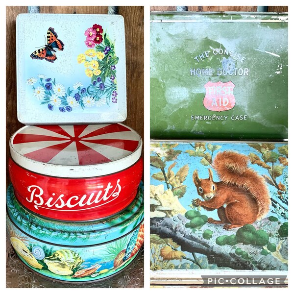Assorted Vintage Tins. Gorgeous designs and colours. SOLD SEPARATELY & individually priced. Great for storage or display.