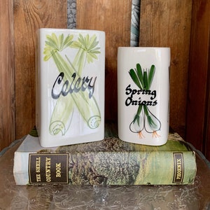 Może przedstawiać: Dwa białe ceramiczne pojemniki z zielonymi i białymi ilustracjami selera i cebuli dymki. Pojemniki mają czarne napisy "Celery" i "Spring Onions". Pojemniki stoją na książce.