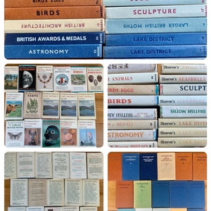 Könnte beinhalten: Eine Collage von Buchumschlägen aus der Reihe The Observer's Book. Die Bücher behandeln eine Vielzahl von Themen, darunter Astronomie, Vögel, Vogeleier, Nutztiere, Muscheln, Skulpturen und der Lake District. Die Umschläge sind in einer Mischung aus Blau, Braun und Grün gehalten.