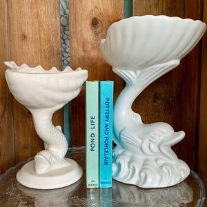 Vintage English pottery fish and shell vases. Made in the 1960s. TWO available. Lovely for bathroom decor, trinkets, keys etc.