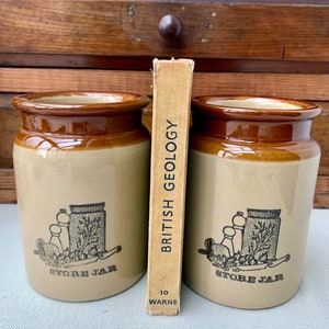 Puede incluir: Dos tarros de gres marrón y beige con una ilustración en blanco y negro de un tarro, especias y un cuchillo. Los tarros tienen el texto "Store Jar" impreso en ellos. Un libro titulado "British Geology" está de pie entre los tarros.