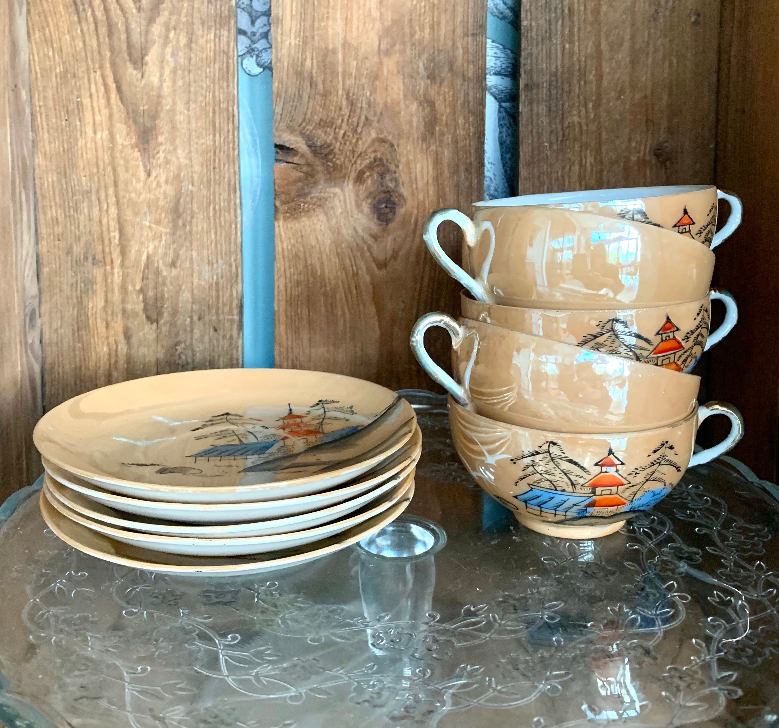 工芸品 Esmaltado a mano 24k 27.5 Vintage Klimax Japanese Tea Set. Porcelain Lustreware With