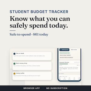 May include: A student budget tracker interface displaying the text Student Budget Tracker, Know what you can safely spend today, and Safe to spend $61 today. The screen shows navigation options for day or week, next money drop, and safety buffer.