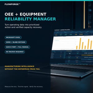 May include: A laptop displaying the FlowForge OEE and Equipment Reliability Manager software interface with data charts, graphs, and metrics. The screen shows text including Microsoft Excel, Demo + Blank Editions, Quick Start + Full Manual, and No Macros Required.