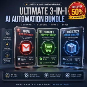 Puede incluir: Un gráfico digital para un Ultimate 3-in-1 AI Automation Bundle con tres paneles verticales. Los paneles muestran iconos para un autorespondedor de Gmail, un agente de soporte de Shopify y un rastreador de pedidos logísticos con datos.