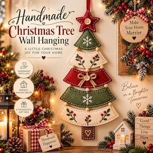 May include: A handmade Christmas tree wall hanging made of layered felt segments in red, green, and cream. The tree features embroidered snowflakes, berry sprigs, a central jute bow with a button, and a red star topper with a button centre.