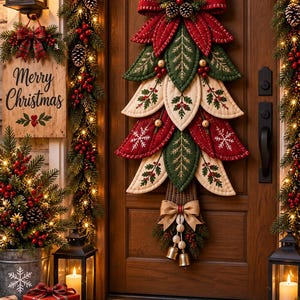 May include: A fabric Christmas tree wall hanging featuring quilted red, green, and cream leaf-shaped segments with embroidered details, topped with a large red bow, pinecones, and berries, and finished at the bottom with a beige bow and metal bells.