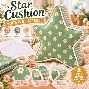 May include: A star-shaped cushion featuring a green fabric with a white daisy pattern and green and white gingham side panels. The cushion has white piping along the edges. Text on the image reads Star Cushion Sewing Pattern.