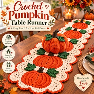 May include: A crochet table runner featuring a repeating pattern of orange pumpkins with green leaves and a scalloped cream-colored border. A three-dimensional orange crochet pumpkin with a brown stem sits on top of the runner.