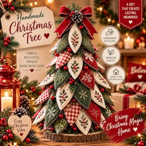 May include: A decorative Christmas tree constructed from quilted fabric leaves in red, green, and white patterns, featuring holly and snowflake embroidery. The tree is topped with a red velvet bow and sits on a circular wooden base with red berries.