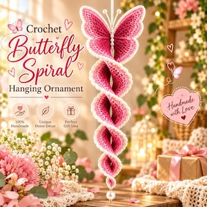 May include: A crochet butterfly spiral hanging ornament featuring pink and white yarn, accented with white beads at the top and bottom. The text reads Crochet Butterfly Spiral Hanging Ornament, 100% Handmade, Unique Home Décor, Perfect Gift Idea, and Handmade with Love.