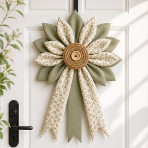 Pode incluir: Um enfeite de parede de tecido em forma de flor grande com pétalas em camadas em verde sálvia sólido e tecido creme com uma pequena estampa floral verde. O centro apresenta um círculo de corda marrom enrolada com um botão de madeira.