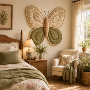 May include: A large, wall-mounted butterfly-shaped textile decoration featuring quilted wings with a floral pattern on the top sections and a solid olive green fabric on the bottom sections, centered by a tan, textured, oval-shaped body.