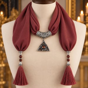 May include: A deep red scarf featuring a silver-toned metal centrepiece with an intricate floral pattern and a triangular pendant containing a central eye motif. The scarf ends are finished with silver-toned metal beads and matching red tassels.