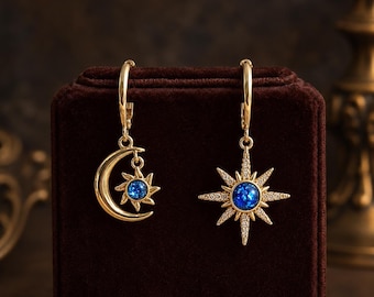 Pendientes de estrella azul celeste, pendientes de sol y luna, pendientes colgantes de aro pequeños de oro o plata, joyería cósmica desigual.