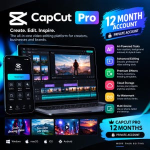 以下が含まれることがあります： CapCut Pro 12ヶ月プライベートアカウントの広告。ノートパソコンとスマートフォンに動画編集インターフェースが表示されています。AIツール、高度な編集、プレミアムエフェクト、クラウドストレージ、ウォーターマークなし、Windows、macOS、iOS、Androidでのマルチデバイス対応に関するテキストが含まれています。