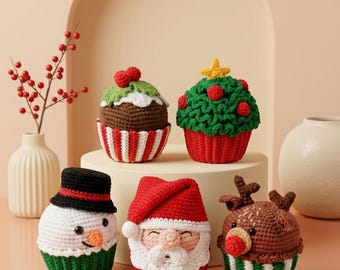 Crochet Christmas Cupcake Pattern Bundle, Santa, Snowman, Reindeer, Christmas Tree, Pudding Amigurumi Decor (PDF Pattern)
