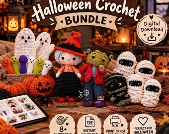 Halloween Crochet Pattern Bundle: Ghost, Witch, Frankenstein, Mummy, Finger Puppets (Digital Download)
