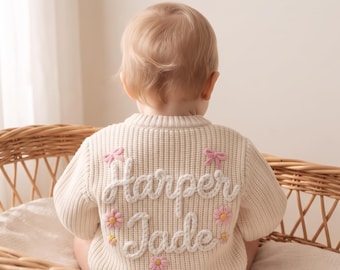 Custom Name Knitted Toddler Cardigan, Embroidered Cotton Jumper, Birthday Gift