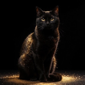 Peut inclure: Un chat noir assis droit avec des yeux jaune vif. Le pelage du chat est recouvert de fines particules de paillettes dorées scintillantes qui captent la lumière, créant un effet étincelant sur son dos et sa queue sur un fond sombre.