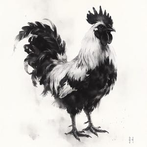 Peut inclure: Un dessin au fusain en noir et blanc représentant un coq debout de profil. L'oiseau présente une crête et des barbillons sombres et proéminents, avec des plumes détaillées passant de tons clairs sur le cou au noir profond sur le corps.