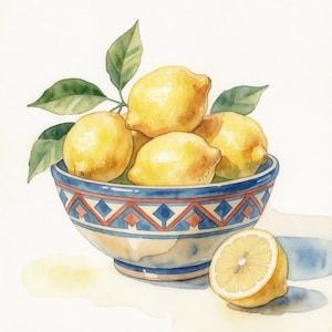 Peut inclure: Une illustration à l'aquarelle d'un bol en céramique rempli de quatre citrons jaunes entiers et de feuilles vertes. Le bol présente un motif géométrique bleu et rouge. Un demi-citron est posé sur la surface à côté du bol, montrant son intérieur.