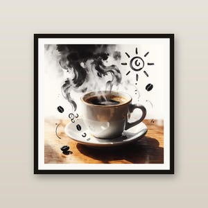 Peut inclure: Une tasse à café en céramique blanche sur une soucoupe contenant du café noir avec de la vapeur. L'illustration présente des dessins à l'encre noire représentant un soleil et des grains de café dispersés autour de la tasse, le tout encadré.