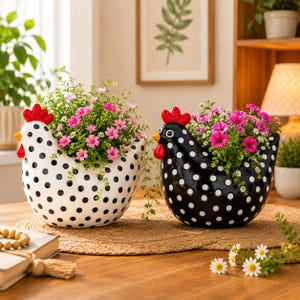 May include: Two ceramic chicken-shaped planters, one white with black polka dots and one black with white polka dots. Both feature a bright red comb and wattle, a yellow beak, and black eyes. Each planter is filled with small pink flowers.