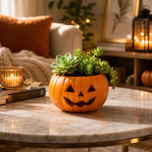 Puede incluir: Una maceta de cerámica de color naranja brillante con forma de calabaza y un rostro de jack-o'-lantern tallado, llena de diversas suculentas verdes. El recipiente redondo tiene un acabado liso y una boca ancha y sonriente con ojos y nariz triangulares.