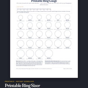 May include: A printable ring gauge document featuring 28 circles of varying diameters to determine ring size. The page includes a 100 mm ruler for scale verification, US and ISO size labels for each circle, and instructions for accurate printing.