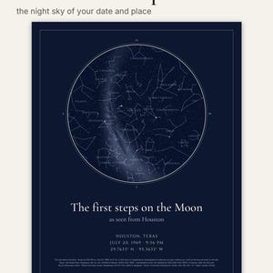 Puede incluir: Un póster rectangular azul oscuro con un mapa estelar circular que muestra constelaciones y estrellas blancas. El texto dice: Custom star map, The first steps on the Moon, as seen from Houston, Houston, Texas, July 20, 1969, 9:56 PM, 29.7633 N - 95.3633 W.