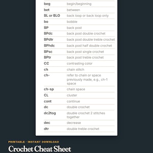 Crochet Cheat Sheet Printable, Abbreviations, Hook Size Conversion