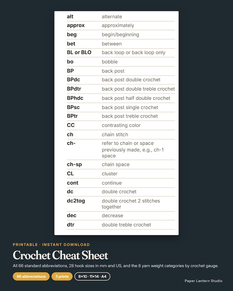 Crochet Cheat Sheet Printable, Abbreviations, Hook Size Conversion