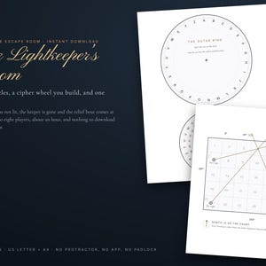May include: A printable escape room game titled The Lightkeeper's Room, featuring five puzzles, a buildable cipher wheel, and a numbered grid chart. The documents include instructions, a circular alphabet ring, and a navigation grid with lines.