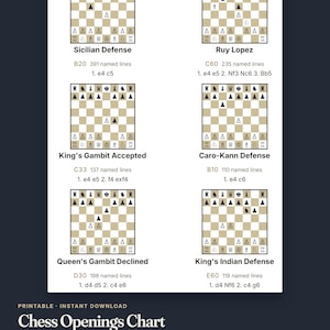 May include: A white informational chart titled Chess Openings Chart displaying six chess board diagrams with corresponding names, ECO codes, move counts, and opening sequences including Sicilian Defense, Ruy Lopez, King's Gambit Accepted, Caro-Kann Defense, Queen's Gambit Declined, and King's Indian Defense.