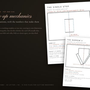 May include: Two white instructional sheets featuring black line diagrams for pop-up mechanics titled The Single Step and The Narrow V. The text includes technical specifications, cut and fold lines, and measurements like 40 mm and 95 mm.