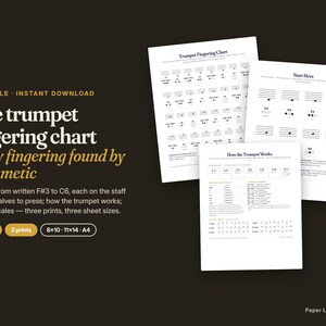 Tabla de digitación de trompeta, todas las notas en el pentagrama con diagramas de válvulas, cómo funciona la trompeta, primeras escalas, póster con tabla de notas de trompeta