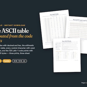 ASCII-tabelposter, ASCII-codekaart met hexadecimale, decimale, binaire en besturingstekens, Unicode en UTF-8, cadeau voor programmeurs