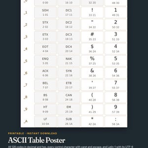 Plakat z tabelą ASCII, szesnastkową, dziesiętną, binarną, znakami kontrolnymi (do pobrania w wersji cyfrowej)