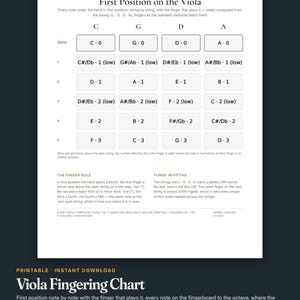 May include: A white informational chart titled First Position on the Viola, featuring a grid of musical notes for C, G, D, and A strings. It includes finger positions, the finger rule, and tuned in fifths text. The bottom displays Viola Fingering Chart.