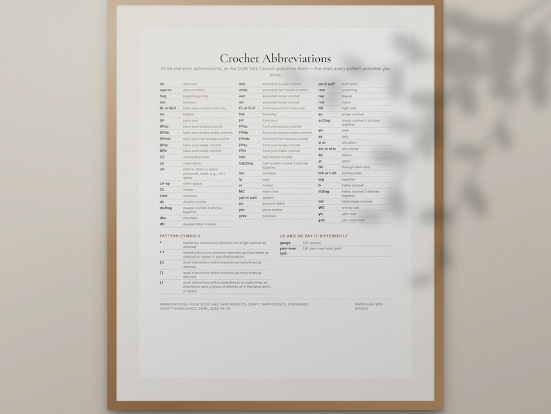 Crochet Cheat Sheet Printable, Abbreviations, Hook Size Conversion, US and UK Terms, Yarn Weights image 7