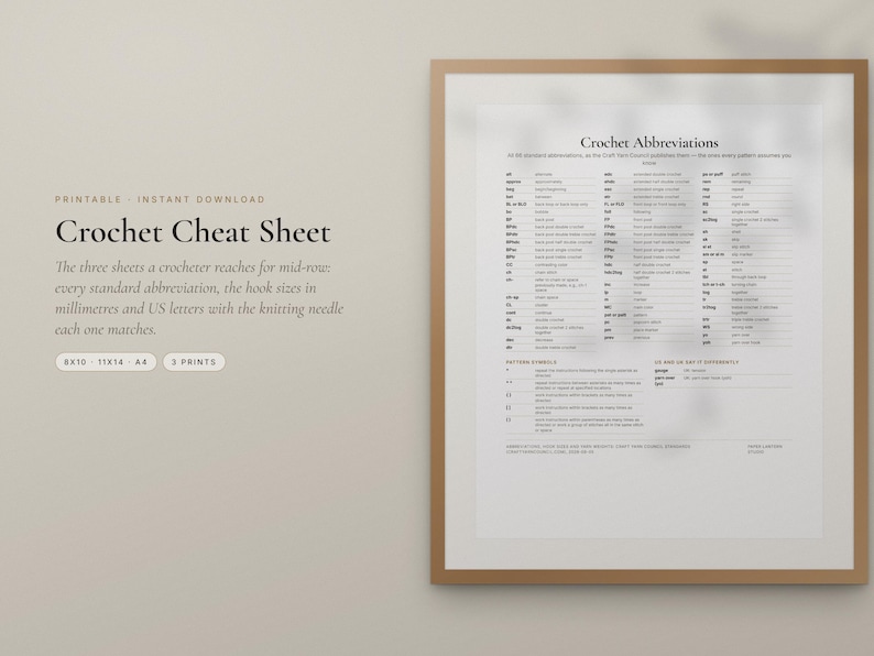Crochet Cheat Sheet Printable, Abbreviations, Hook Size Conversion, US and UK Terms, Yarn Weights image 2