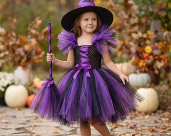 Mädchen Hexenkostüm Lila Hexen-Tutu-Kleid Halloween-Hexenkleid Kinder Hexenkleid Schwarzer Stufenrock Outfit Party Mädchen Karneval Kleidung
