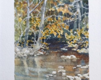 FRAMED ORIGINAL watercolor landscape miniature, autumn leaves, fall. Rustic cabin decor. Creek, stream, woodland painting by Cinda Serafin